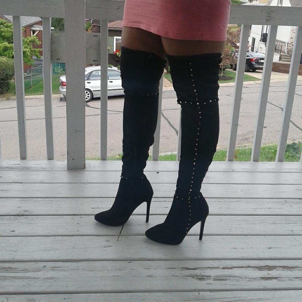 "Kaylee" Black Suede Copper DetaiI Thigh High Boot - Picture 2 of 3